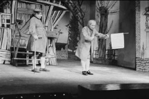 Szenenbilder aus "Der Müller von Sanssouci" von Peter Hacks in der Regie von Wolfgang Langhoff. Kammerspiele (Deutsches Theater) Berlin, Uraufführung 05.03.1958 : Mit Herwart Grosse als Friedrich II., Paul R. Henker als Müller, Ernst Kahler, Josef von Santen als Prinz Heinrich, Hans Stetter als de Catt, Werner Pledath als Bäcker Wewerka, Werner Segtrop, Ulrich Thein als Knecht Nickel, Karla Runkehl als Magd, A. P. Hoffmann als Landrat Tornow, Harry Berber als Trescho u. a.