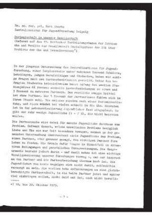 Partnerschaft in unserer Gesellschaft : Referat auf den 10. Rostocker Fortbildungstagen der Sektion Ehe und Familie der Gesellschaft für Sozialhygiene der DDR über Probleme der Ehe und Sexualberatung vom 18.-20.10.1979