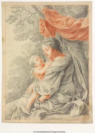 Madonna mit dem Kinde, nach links, unter einem Baum sitzend, an dem ein Tuch hängt