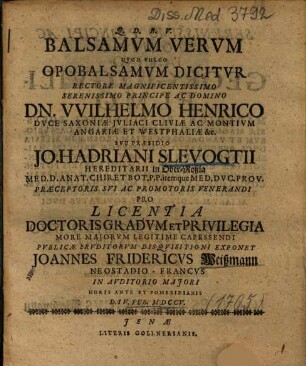 Balsamvm Vervm Qvod Vulgo Opobalsamvm Dicitvr