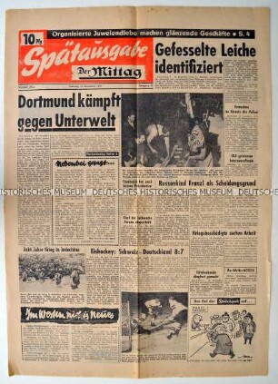 Titelseite der Spätausgabe der Tageszeitung "Der Mittag" zum Kampf der Dortmunder Polizei gegen das Verbrechen