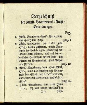 Verzeichniß der Fürstl. Branteweins-Accise-Verordnungen.