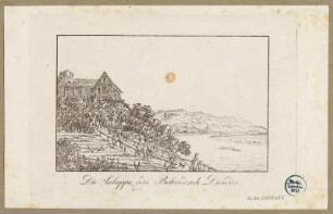 Der Ausflugsgasthof Saloppe als Bretterbude am rechten Elbufer zwischen Loschwitz und Dresden (1813 Bretterbude mit Ausschank, 1822 Neubau im Fachwerkstil, 1876 Neubau in neoromanischem Baustil), Radierung um 1820 : Die Saluppe, oder Belvedere de Dresdes / [C. F. Sprinck]. - [Dresden] , [ca. 1820]. - 1 Kunstblatt : kolor. Radierung ; 12,5 x 8,1 cm,