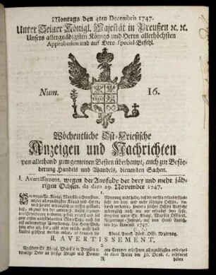 Num. 16. Montags den 4ten Decembris 1747.