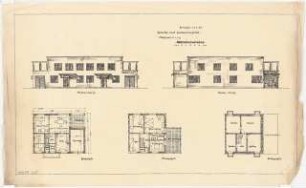 Zweifamilienhaus Monatskonkurrenz Februar 1930: (je ein halber) Grundriss Keller, Erdgeschoss, Obergeschoss, Aufriss Straßenansicht, Gartenansicht 1:100; Maßstabsleiste