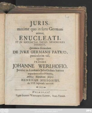 Specimen 2: De Jvre Germanis Patrio : particulatim tali