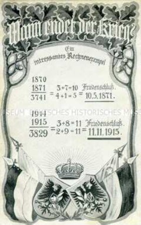 Postkarte mit der Berechnung des Kriegsendes 1915