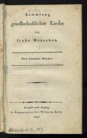 Sammlung gesellschaftlicher Lieder für frohe Menschen : Nach bekannten Melodien