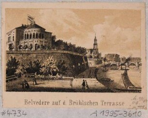 Das Vierte Belvedere auf der Brühlschen Terrasse in Dresden, Blick nach Südwesten, mit Katholischer Hofkirche und erstem Bau der Semperoper