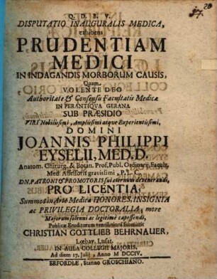 Disputatio Inauguralis Medica, exhibens Prudentiam Medici In Indagandis Morborum Causis