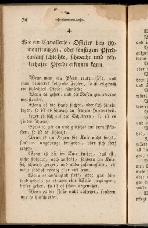 4. Wie ein Cavallerie-Officier bey Rimontirungen, oder sonstigem Pferdeinkauf schlechte, schwache und fehlerhafte Pferde erkennen kann.