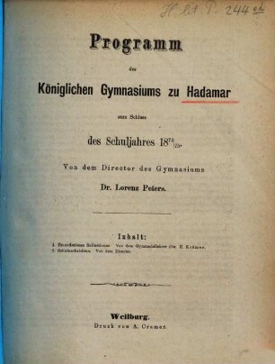 Programm des Königlichen Gymnasiums zu Hadamar : über das Schuljahr ..., 1874/75 (1875)