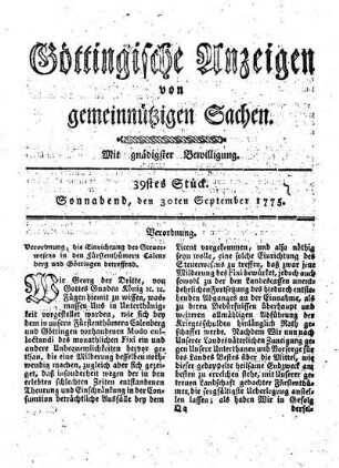 39stes Stück. Sonnabend, den 30ten September 1775.