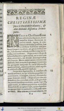 Reginae christianissimae jura in Ducatum Brabantiae, et alios Ditionis Hispanicae Principatus.
