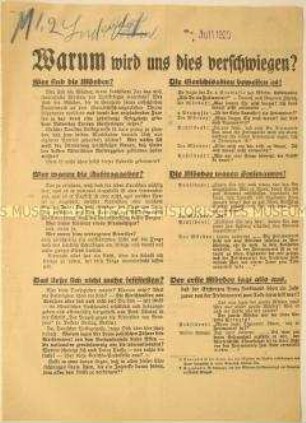 Flugblatt mit Freimaurer-Verschwörungsthese zum Attentat von Sarajevo auf das Thronfolgerpaar sowie Werbung für "Ludendorffs Volkswarte"