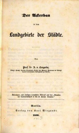 Der Ackerbau in dem Landgebiete der Städte