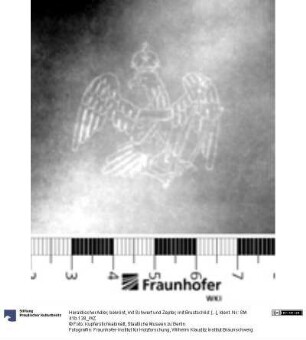 Heraldischer Adler, bekrönt, mit Schwert und Zepter, mit Brustschild: [...]