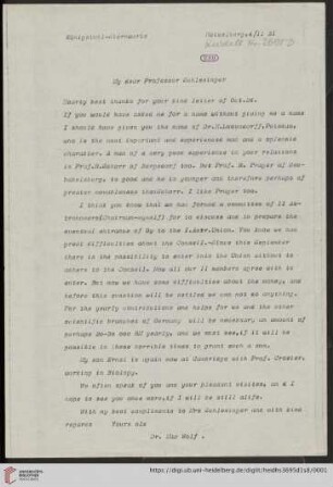 Brief von Max Wolf an Frank Schlesinger