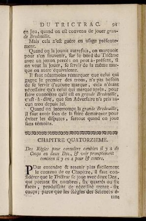 Chapitre Quatorzieme. Des Règles pour connoître combien il y a de Coups en deux Dez, & voir promptement combien il y en a pour & contre