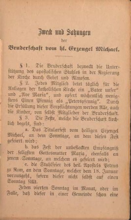 Zweck und Satzungen der Bruderschaft vom hl. Erzengel Michael.