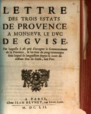 Lettre des trois estats de Provence à Mons. le Duc de Guise