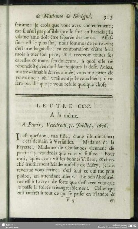 Lettre CCC. A la même. A Paris, Vendredi 31. Juillet, 1676