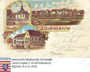 Bischofsheim am Rhein, Panorama und Einzelansichten / Kirche und Kriegerdenkmal, Panorama, Gasthaus 'Zur Krone'