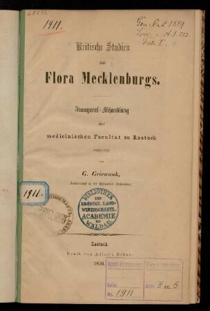 Kritische Studien zur Flora Mecklenburgs : Inaugural-Abhandlung der medicinischen Facultät zu Rostock