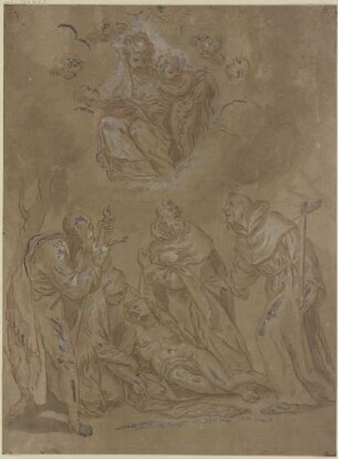 Vier Heilige, einer nackt am Boden liegend, von einer Frau gestützt, über ihnen die Madonna mit dem Kind in Wolken
