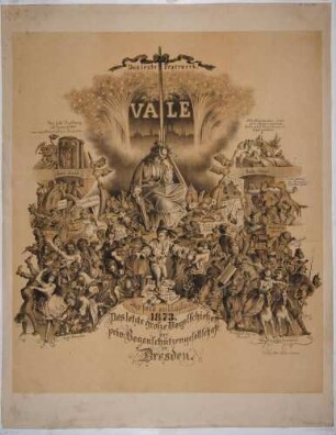 Plakat für Bogenschießen und Volksfest Vogelwiese letztmalig südöstlich des heutigen Sachsenplatzes mit Karikaturen zahlreicher Schausteller und aktueller Ereignisse