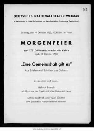 Morgenfeier zum 175. Geburtstag Heinrich von Kleist's