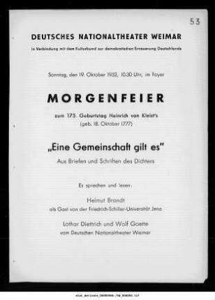 Morgenfeier zum 175. Geburtstag Heinrich von Kleist's