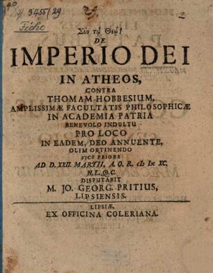 De Imperio Dei In Atheos, Contra Thomam Hobbesium