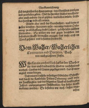 Vom Wucher/ Wucherlichen Contracten und Partiten/ Auch von nachgelassenen Zinsen.
