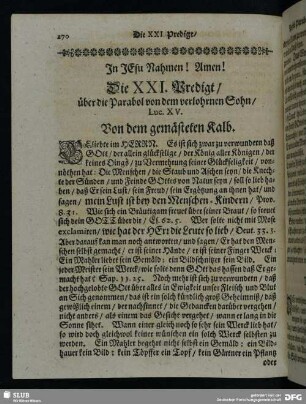 Die XXI. Predigt, über die Parabol von dem verlohrnen Sohn, Luc. XV.