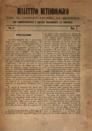 Bullettino meteorologico del R. Osservatorio di Modena : con corrispondenze e notizie riguadanti la provincia, 1865, Nr. 1 - 7 = Vol. 1
