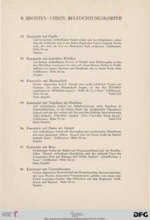 Bronzen, Uhren, Beleuchtungskörper (Nr. 92-138)
