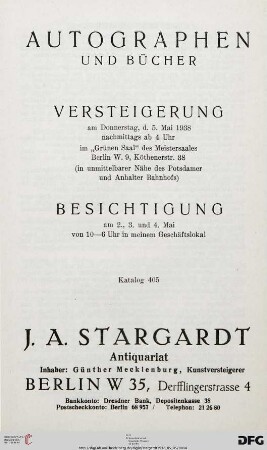 Autographen und Bücher : Versteigerung am 5. Mai 1938 (Katalog Nr. 405)