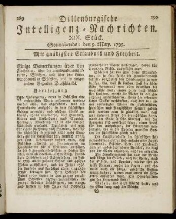 XIX. Stück. Sonnabends: den 9. May. 1795.