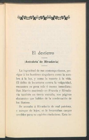 El destierro : (Anécdota de Rivadavia)