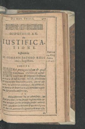Disputatio XX. De Iustificatione. Respondente M. Iohann-Jacobo Rulichio.