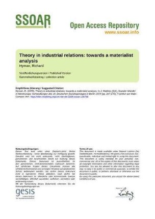 Theory in industrial relations: towards a materialist analysis