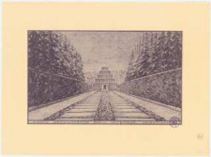 Erweiterung des Parkfriedhofes Berlin-Lichterfelde: Perspektivische Ansicht mit Blick auf die Urnenpyramide, Stempel