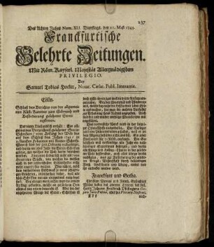 Num. XLI. Dienstags, den 21. Maji 1743 - Num L. Freytags, den 21. Junii 1743