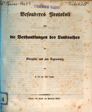 Besonderes Protokoll über die Verhandlungen des Landrathes der Oberpfalz und von Regensburg. 1844, Juni