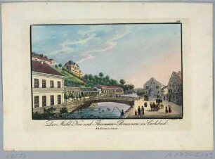 Mühlbrunnen, Neubrunnen und Theresienbrunnen unterhalb des Schlossberges am Flüsschen Tepl in Karlsbad in Böhmen (heute etwa an Stelle der Mühlenkollonade an der Teplá in Karlovy Vary in Tschechien)