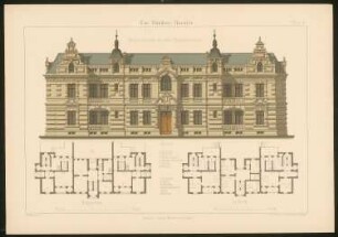 Gruppenhäuser: Grundrisse und Ansicht (aus: Ein-Familien-Häuser, entworfen und gezeichnet von Hermann Bethke)
