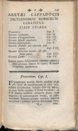 Aretaei Cappadocis Diuturnorum Morborum Curativus. Liber Primus