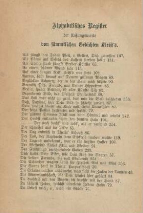 Alphabetisches Register der Anfangsworte von sämmtlichen Gedichten Kleist's
