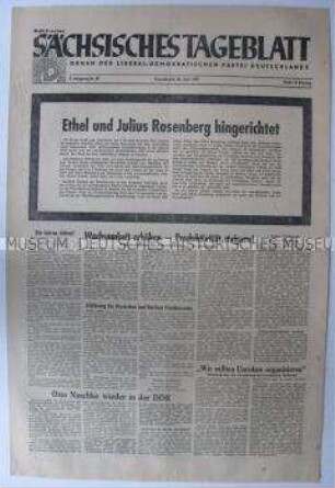 Tageszeitung der LDPD Sachsen "Sächsisches Tageblatt" zur Hinrichtung von Ethel und Julius Rosenberg in den USA